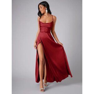 Crisscross Backless Wrap Satin Cowl neck maxi Dress dark green